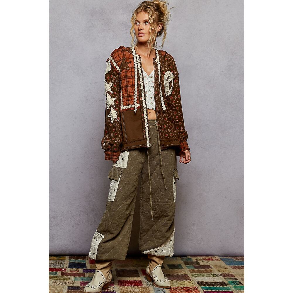 1J***POL hooded long balloon sleeve in printed terry with star & peace patch - Picture 4 of 5